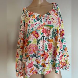 Old Navy Floral Puff Sleeve Blouse in Pink and Orange